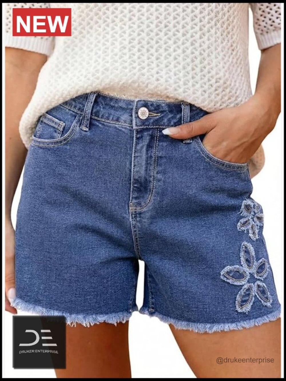 Floral Embroidered High Waisted Stretchy Raw Edge Denim Shorts